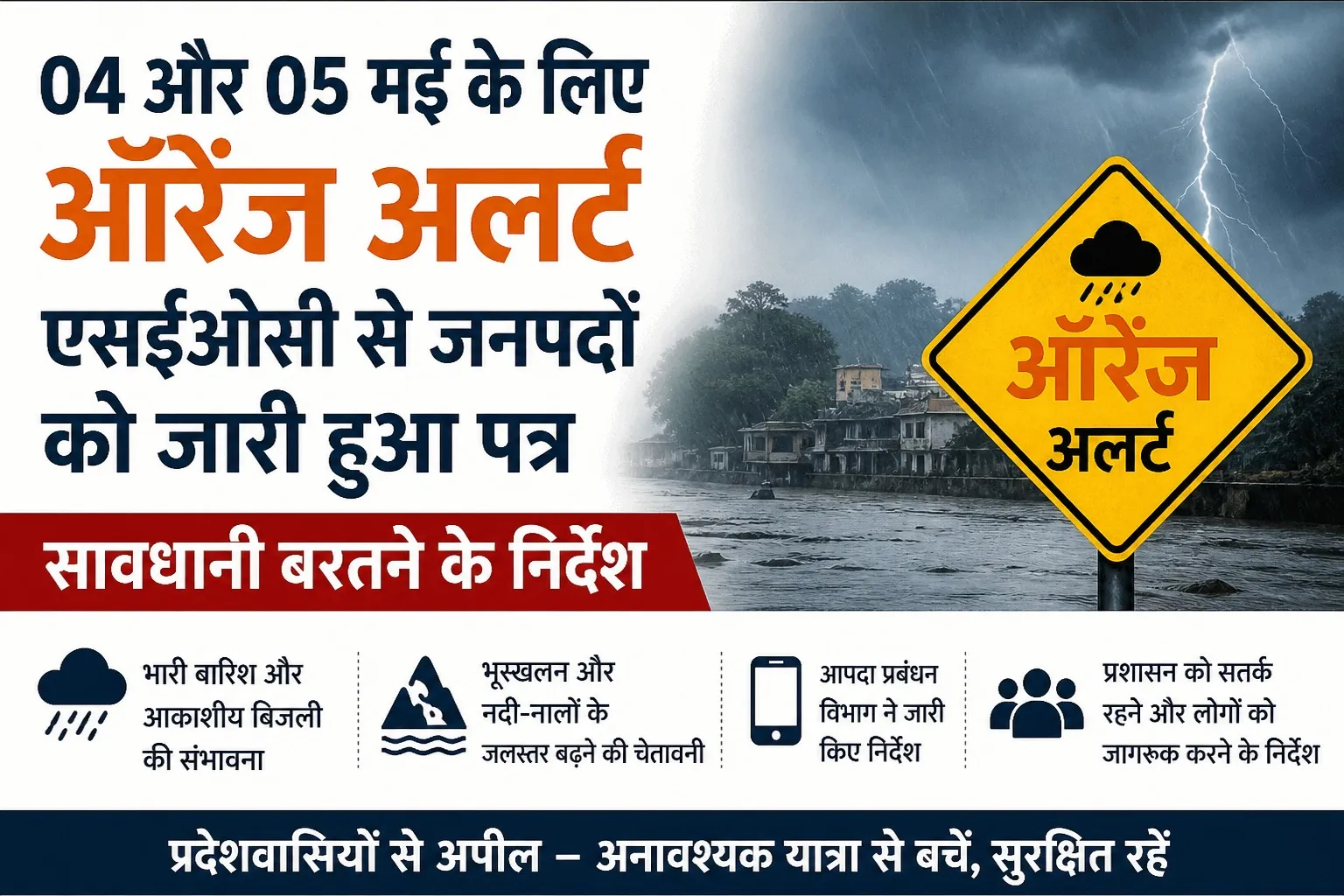 04 और 05 मई के लिए आरेंज अलर्ट एसईओसी से जनपदों को जारी हुआ पत्र, सावधानी बरतने के निर्देश
