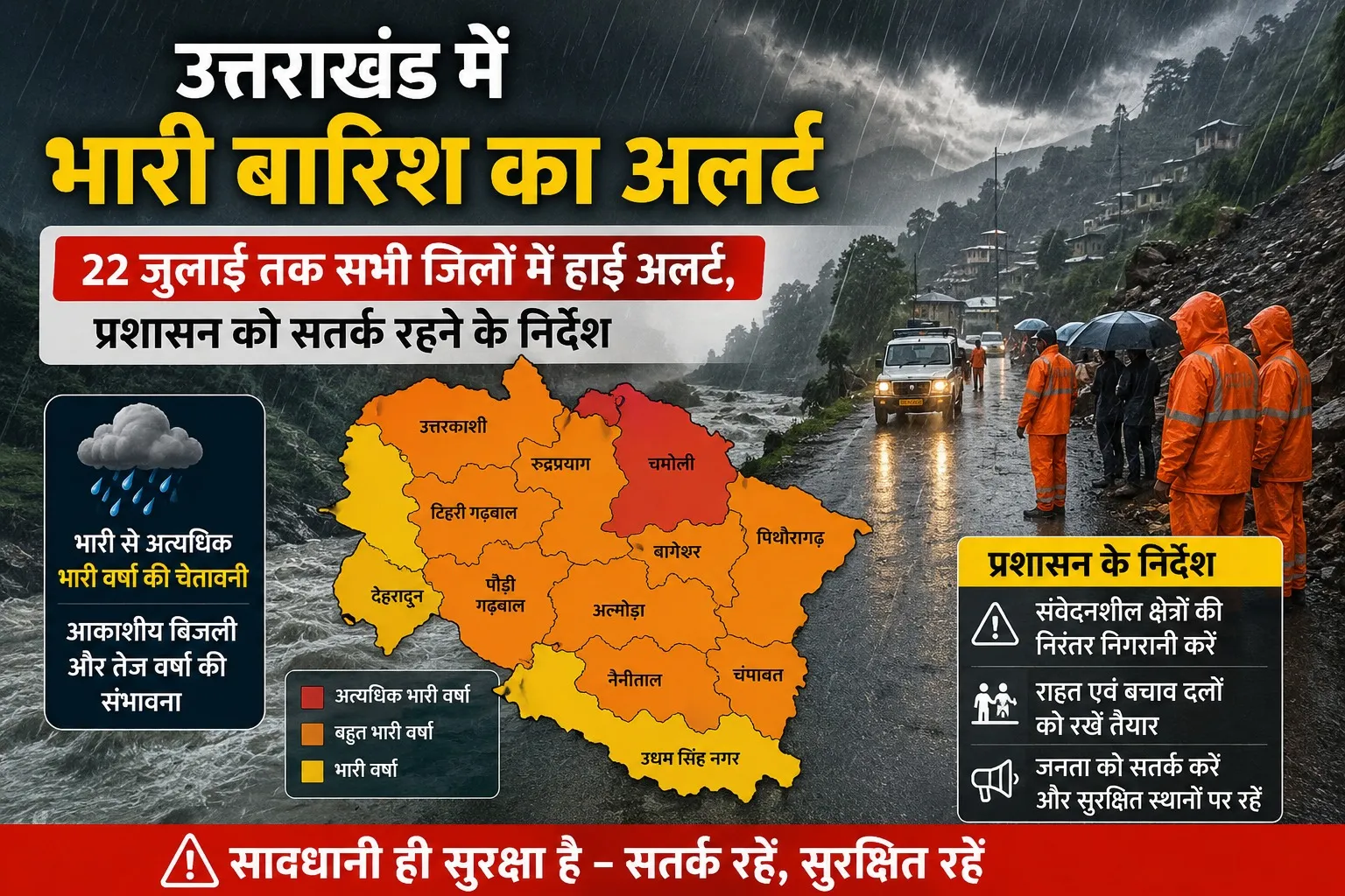 उत्तराखंड में भारी बारिश का अलर्ट: 22 जुलाई तक सभी जिलों में हाई अलर्ट, प्रशासन को सतर्क रहने के निर्देश