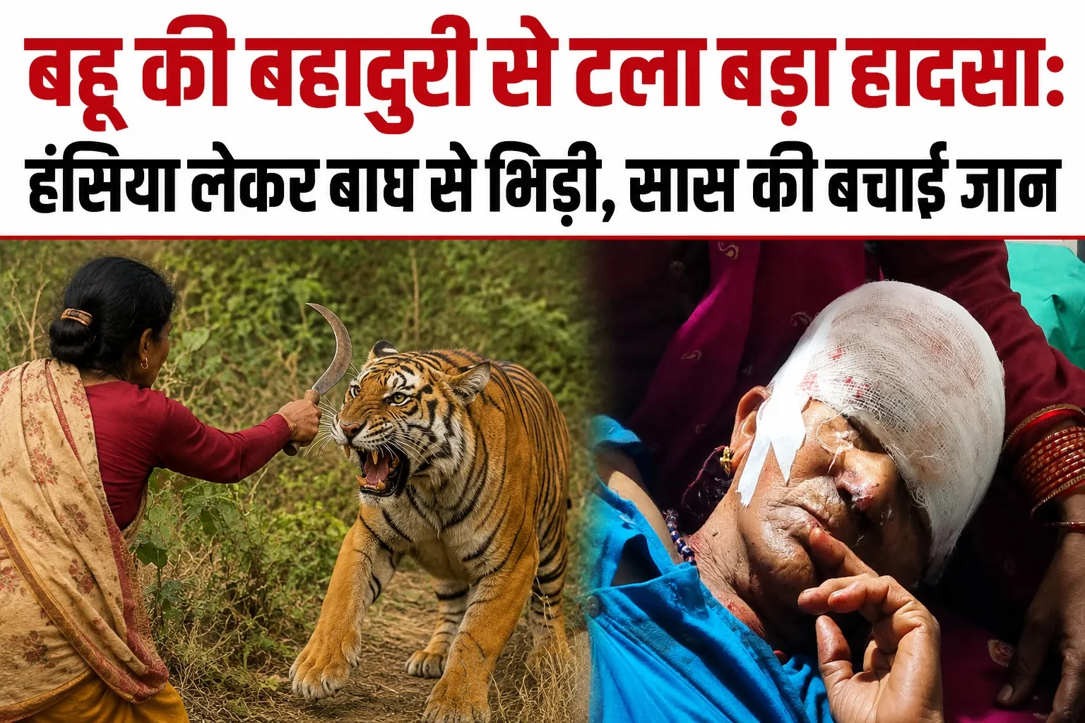 बहू की बहादुरी से टला बड़ा हादसा: हंसिया लेकर बाघ से भिड़ी, सास की बचाई जान