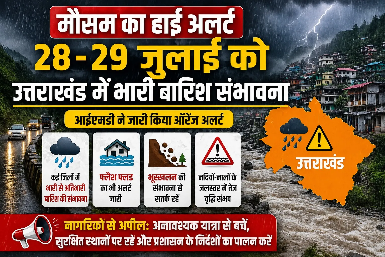 मौसम का हाई अलर्ट: 28-29 जुलाई को उत्तराखंड में भारी बारिश संभावना, नागरिकों से सतर्क रहने की अपील