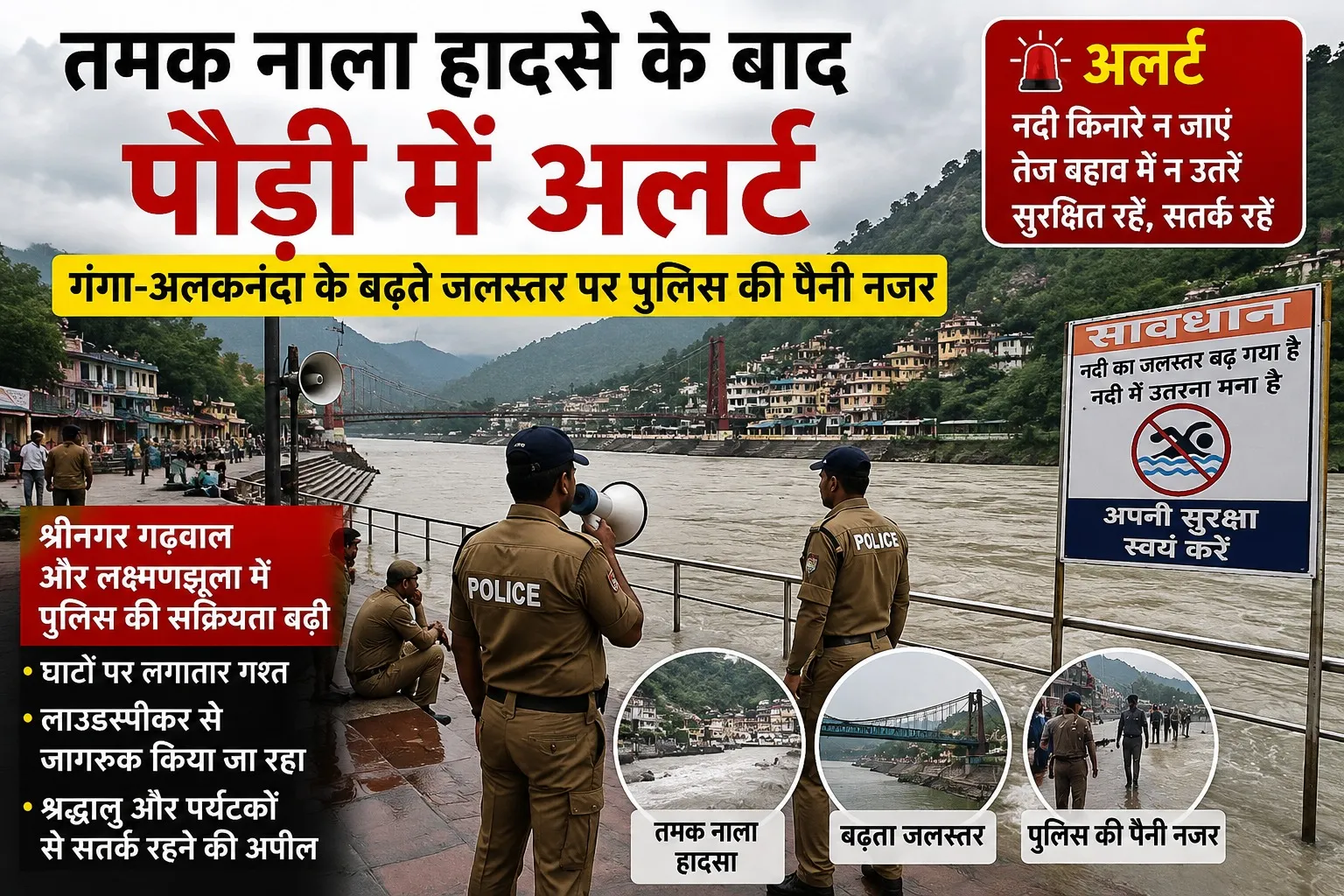 तमक नाला हादसे के बाद पौड़ी में अलर्ट, गंगा-अलकनंदा के बढ़ते जलस्तर पर पुलिस की पैनी नजर