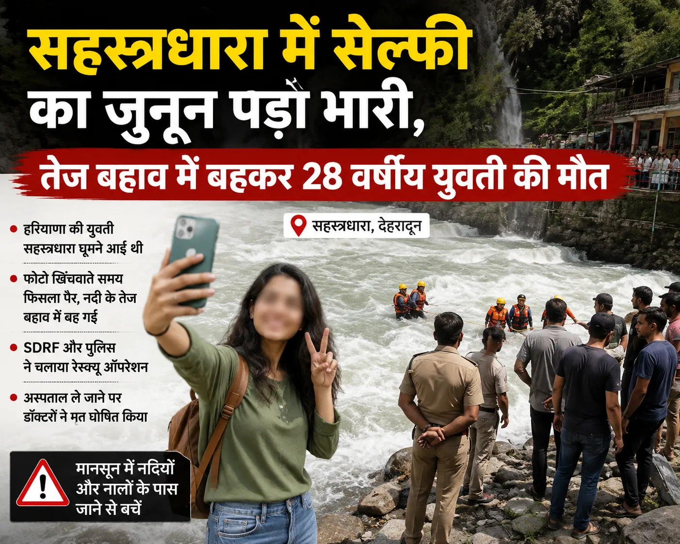 सहस्त्रधारा में सेल्फी का जुनून पड़ा भारी, तेज बहाव में बहकर 28 वर्षीय युवती की मौत