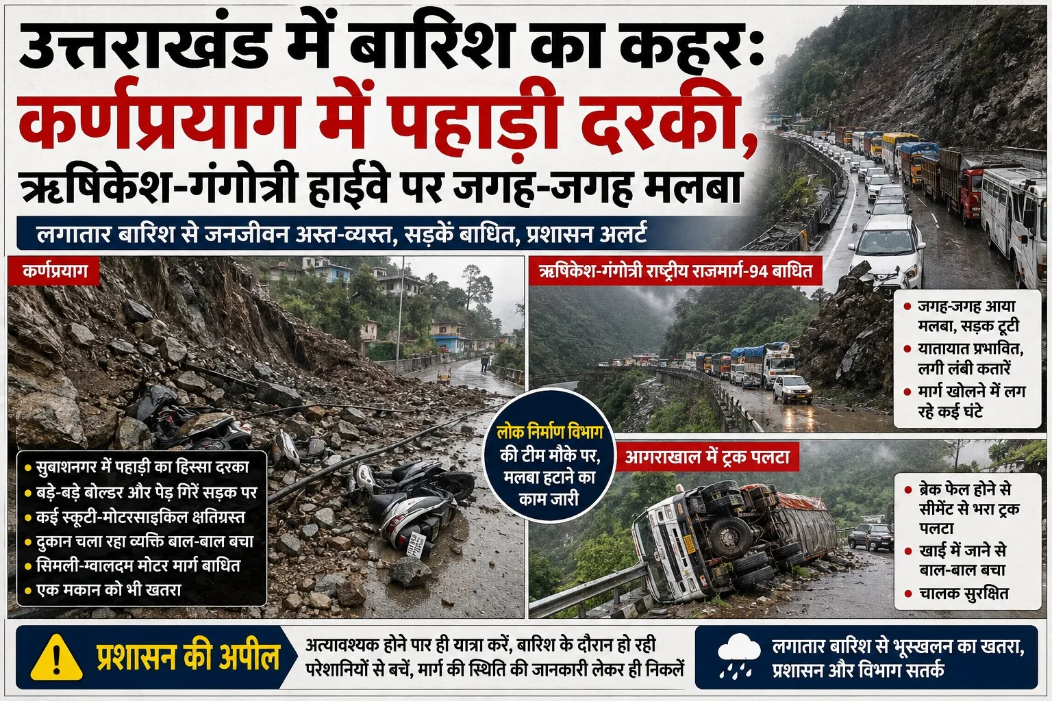 उत्तराखंड में बारिश का कहर: कर्णप्रयाग में पहाड़ी दरकी, ऋषिकेश-गंगोत्री हाईवे पर जगह-जगह मलबा