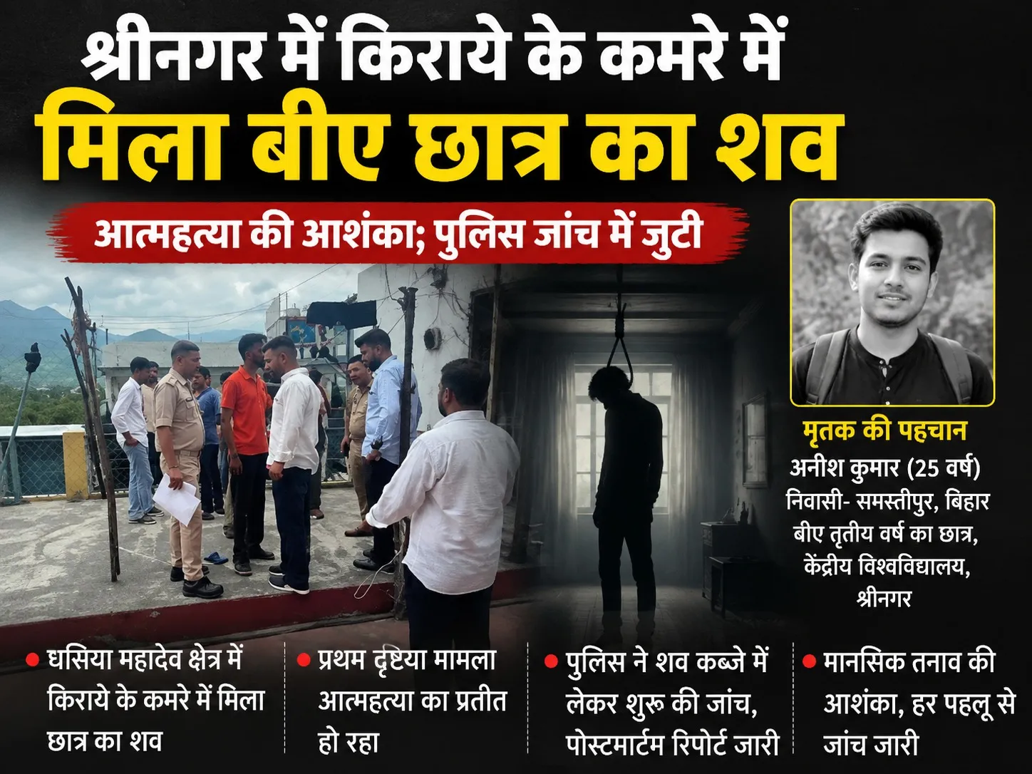 श्रीनगर में किराये के कमरे में मिला बीए छात्र का शव, आत्महत्या की आशंका; पुलिस जांच में जुटी