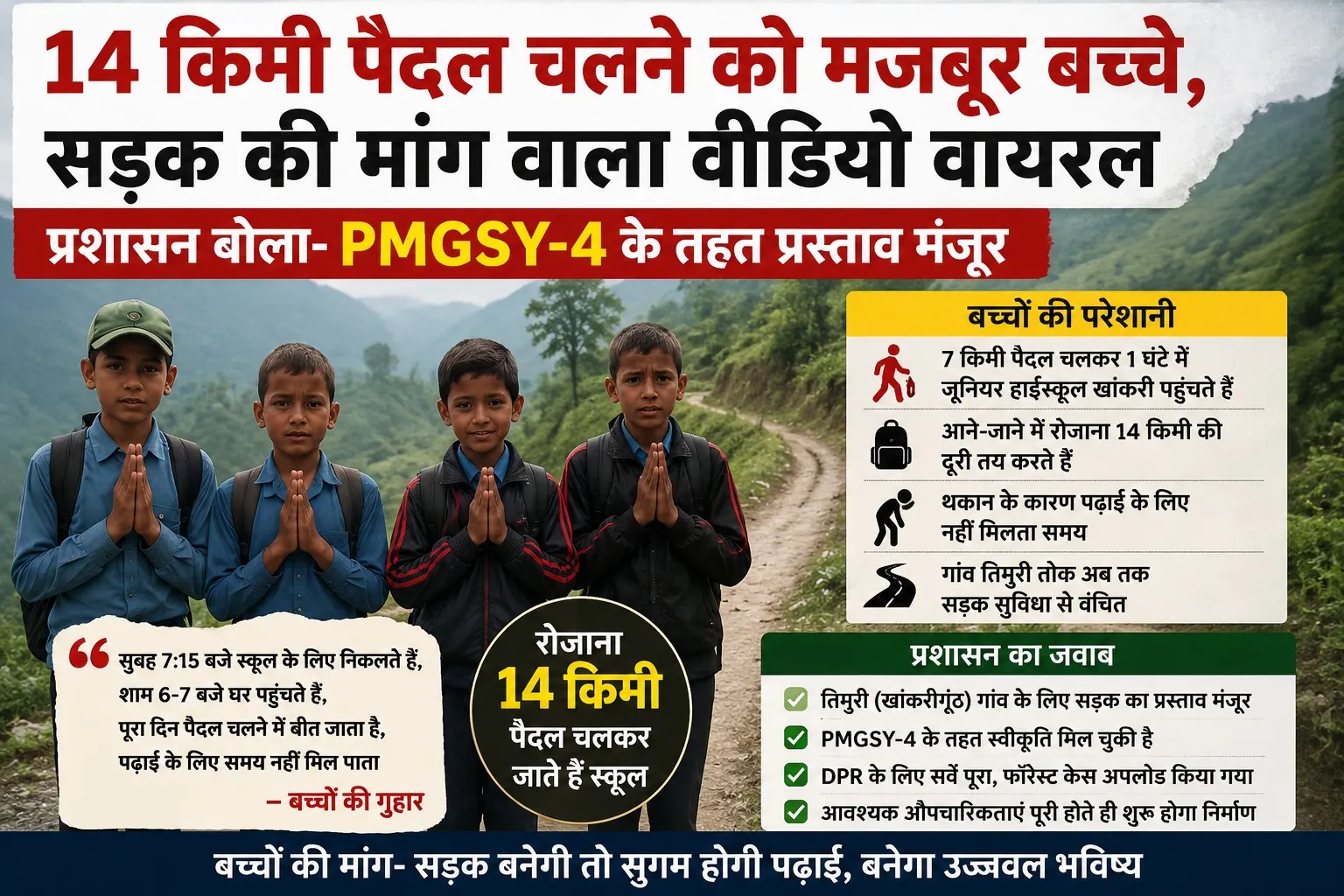 14 किमी पैदल चलने को मजबूर बच्चे, सड़क की मांग वाला वीडियो वायरल; प्रशासन बोला- PMGSY-4 के तहत प्रस्ताव मंजूर
