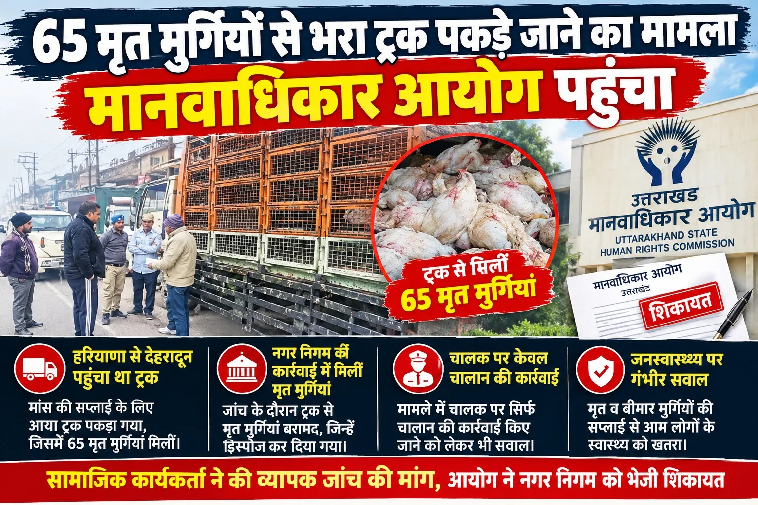 65 मृत मुर्गियों से भरा ट्रक पकड़े जाने का मामला मानवाधिकार आयोग पहुंचा