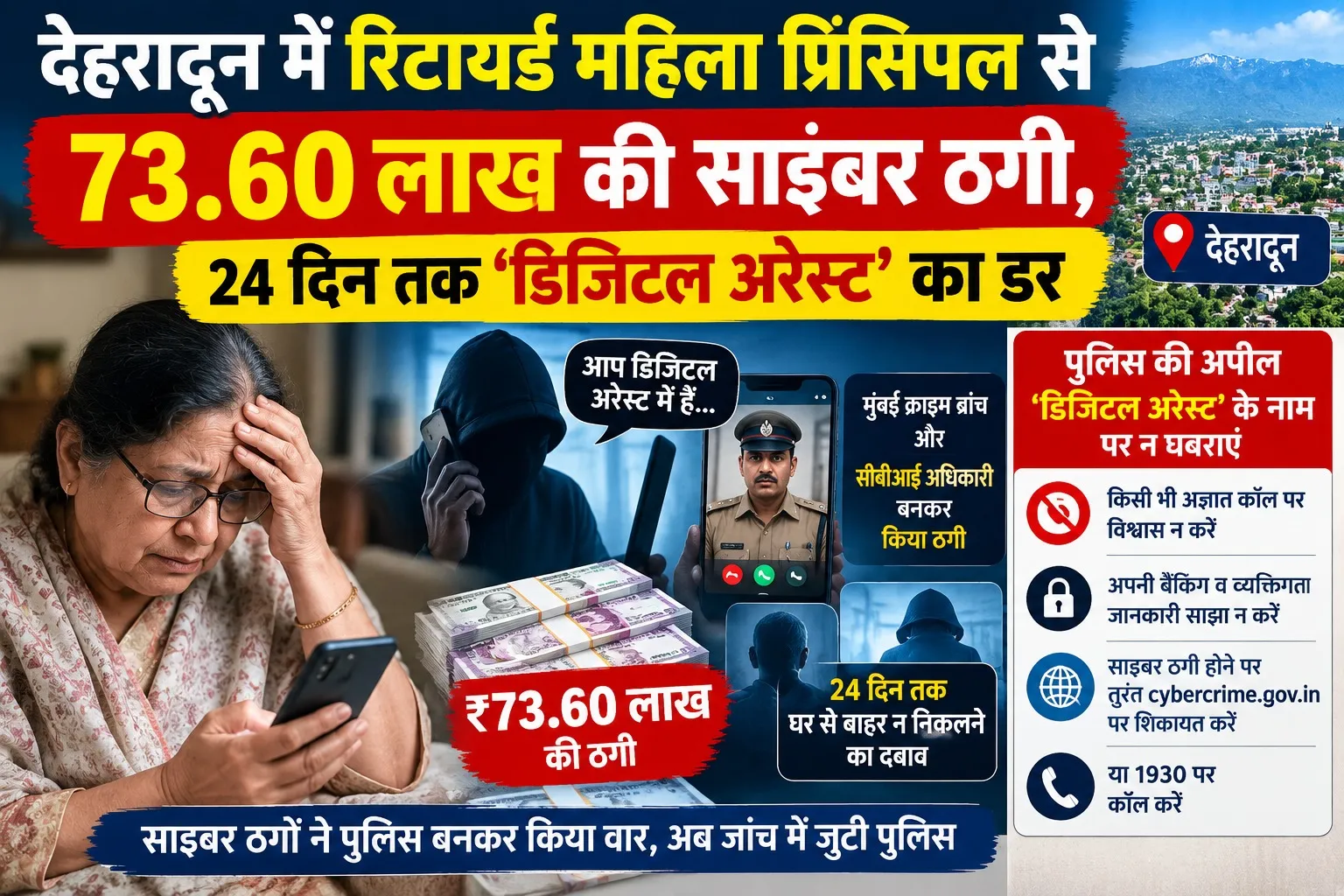 24 दिन तक डिजिटल अरेस्ट का डर दिखाकर रिटायर्ड प्रिंसिपल से 73.60 लाख ठगे