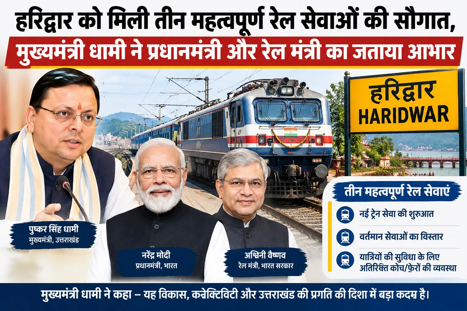 हरिद्वार को मिली तीन महत्वपूर्ण रेल सेवाओं की सौगात, मुख्यमंत्री धामी ने प्रधानमंत्री और रेल मंत्री का जताया आभार